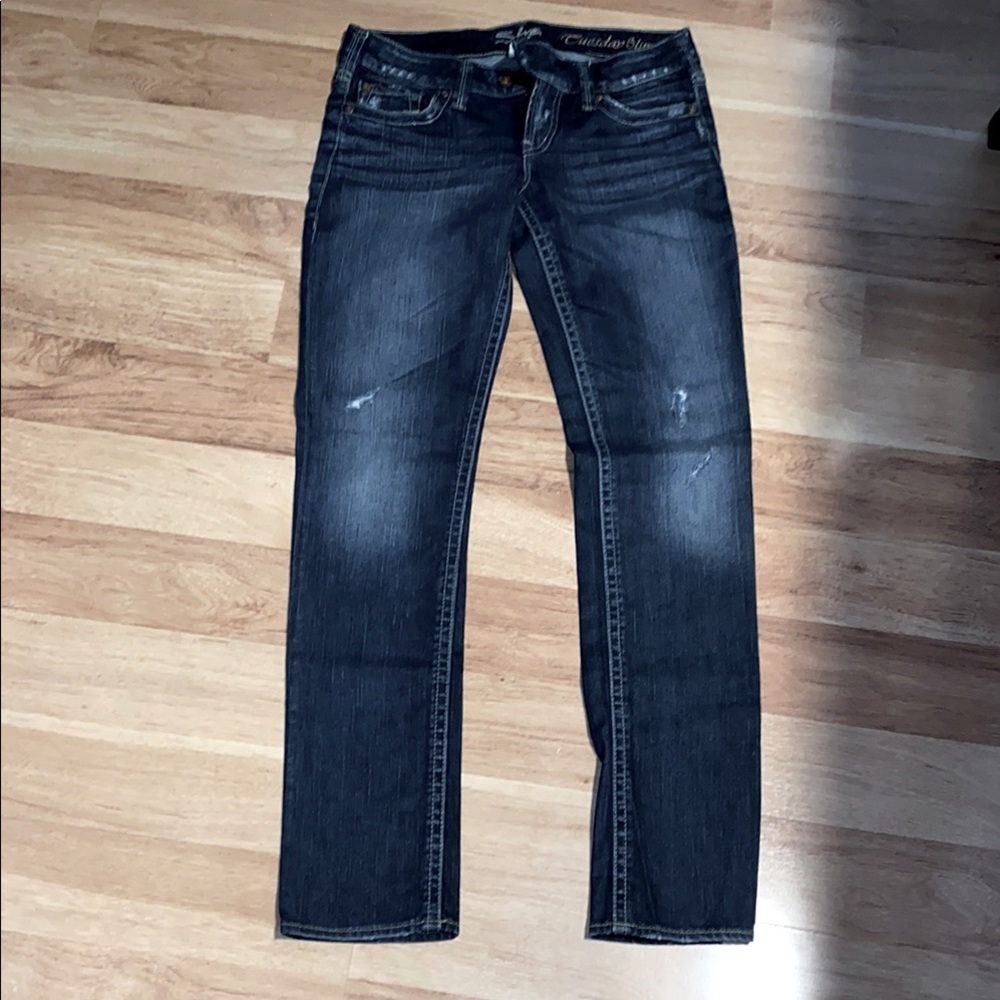 Silver Jeans Tuesday Slim Low Rise Dark Blue Distressed Denim Jeans W 28 L 33